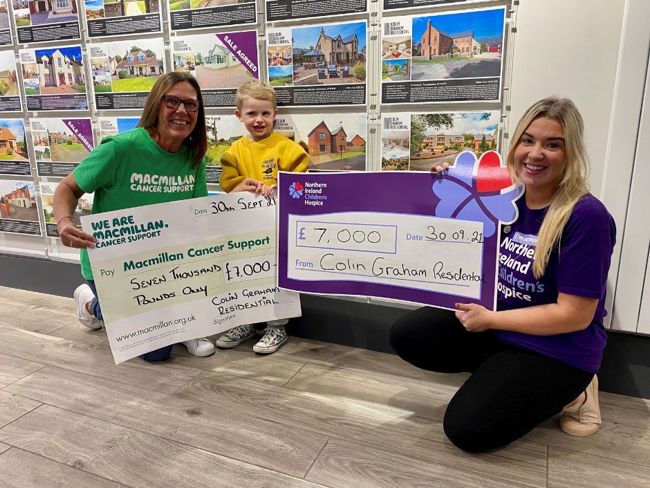 Lenny Graham presenting cheques to Macmillan Cancer Support and Northern Ireland Children's Hospice on behalf of Colin Graham Residential